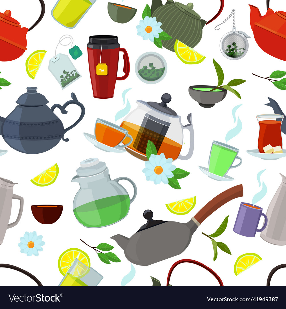 Tea kettles and cups seamless pattern