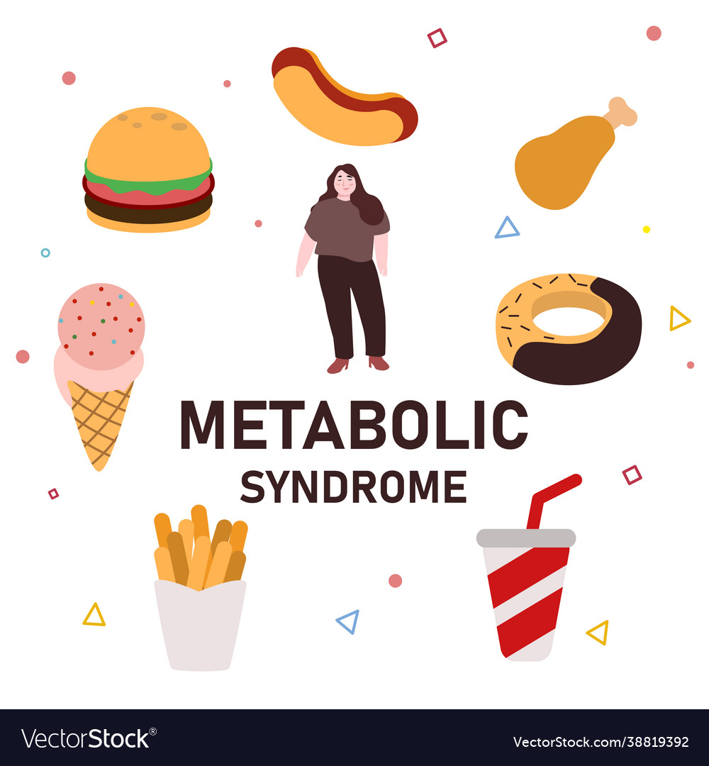 Fat woman with metabolic syndrome eats junk food Vector Image