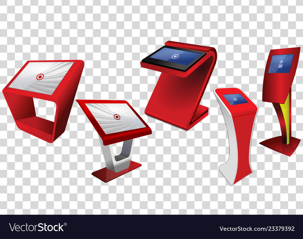 Five red promotional interactive information kiosk