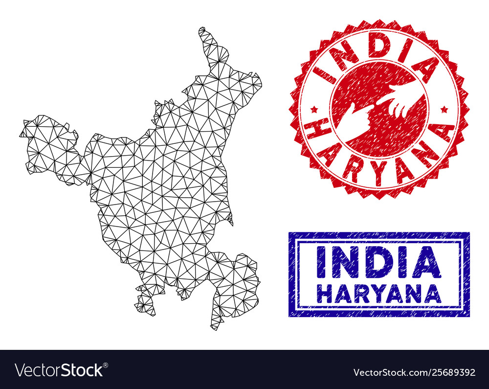 Polygonal mesh haryana state map and grunge stamps