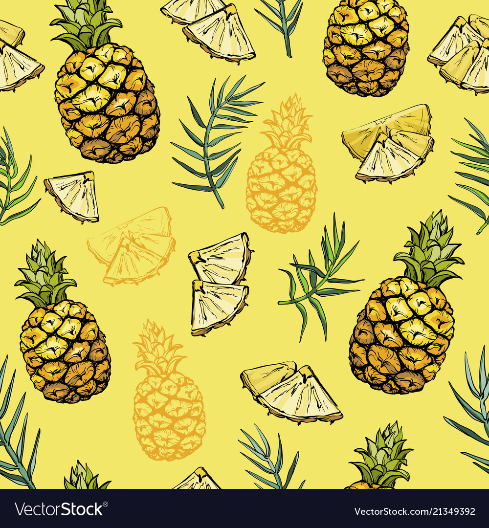 Seamless pattern with pineapples and palm leaves