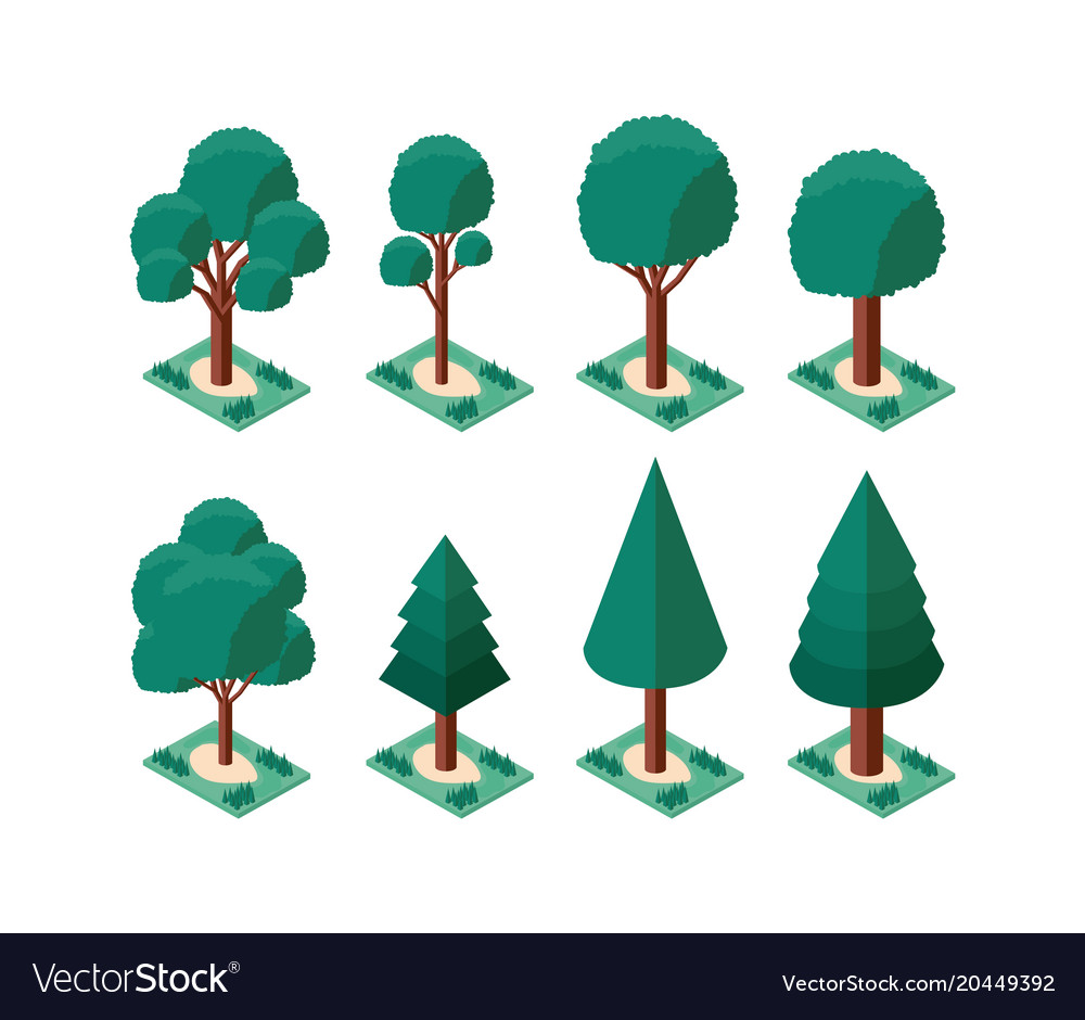 Set trees plants mini isometric icons Royalty Free Vector