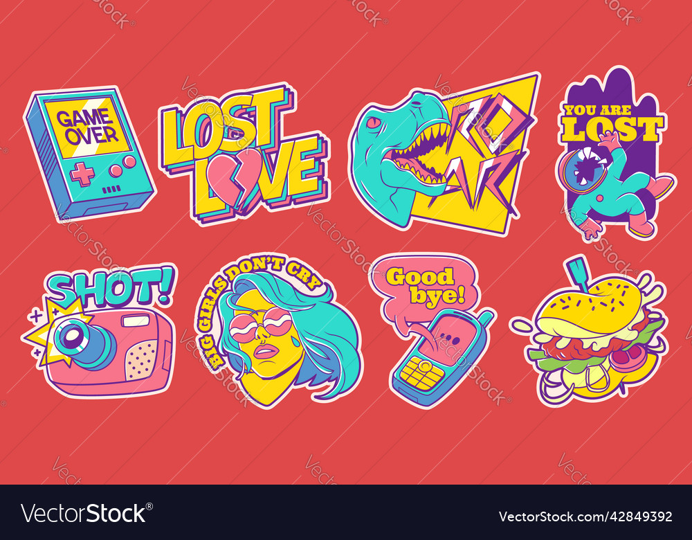 Trendy retro stickers patch 90s design Royalty Free Vector