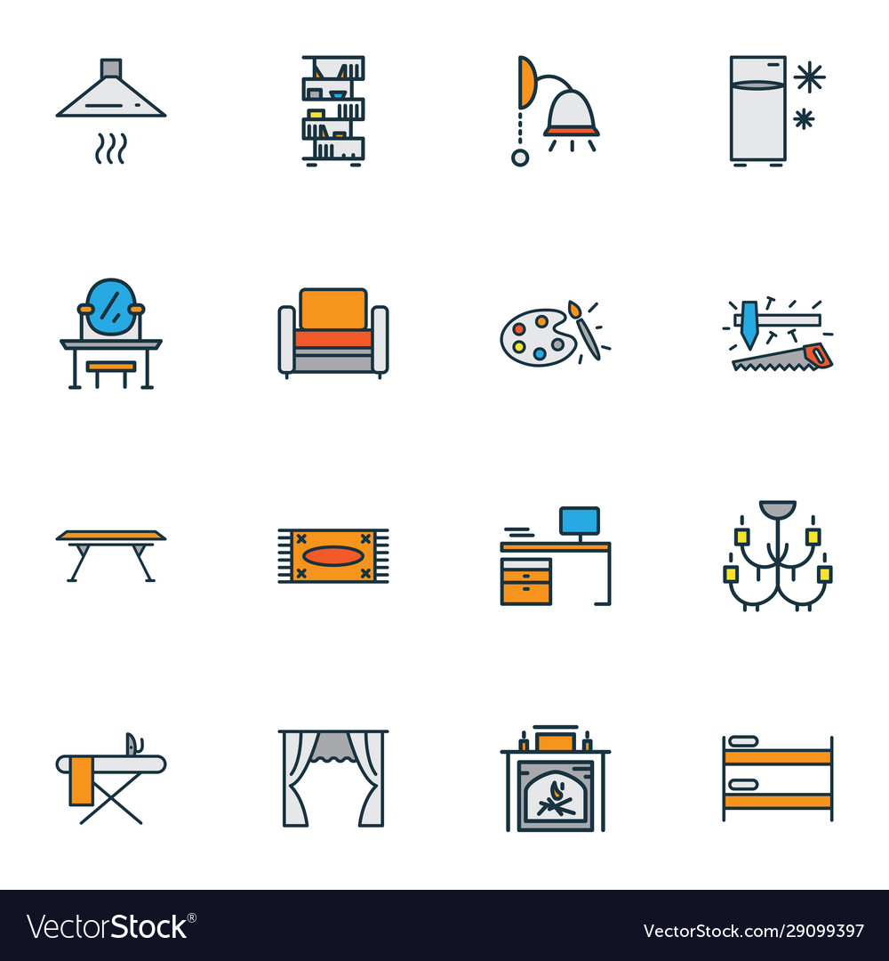 Decor icons colored line set with bookshelf