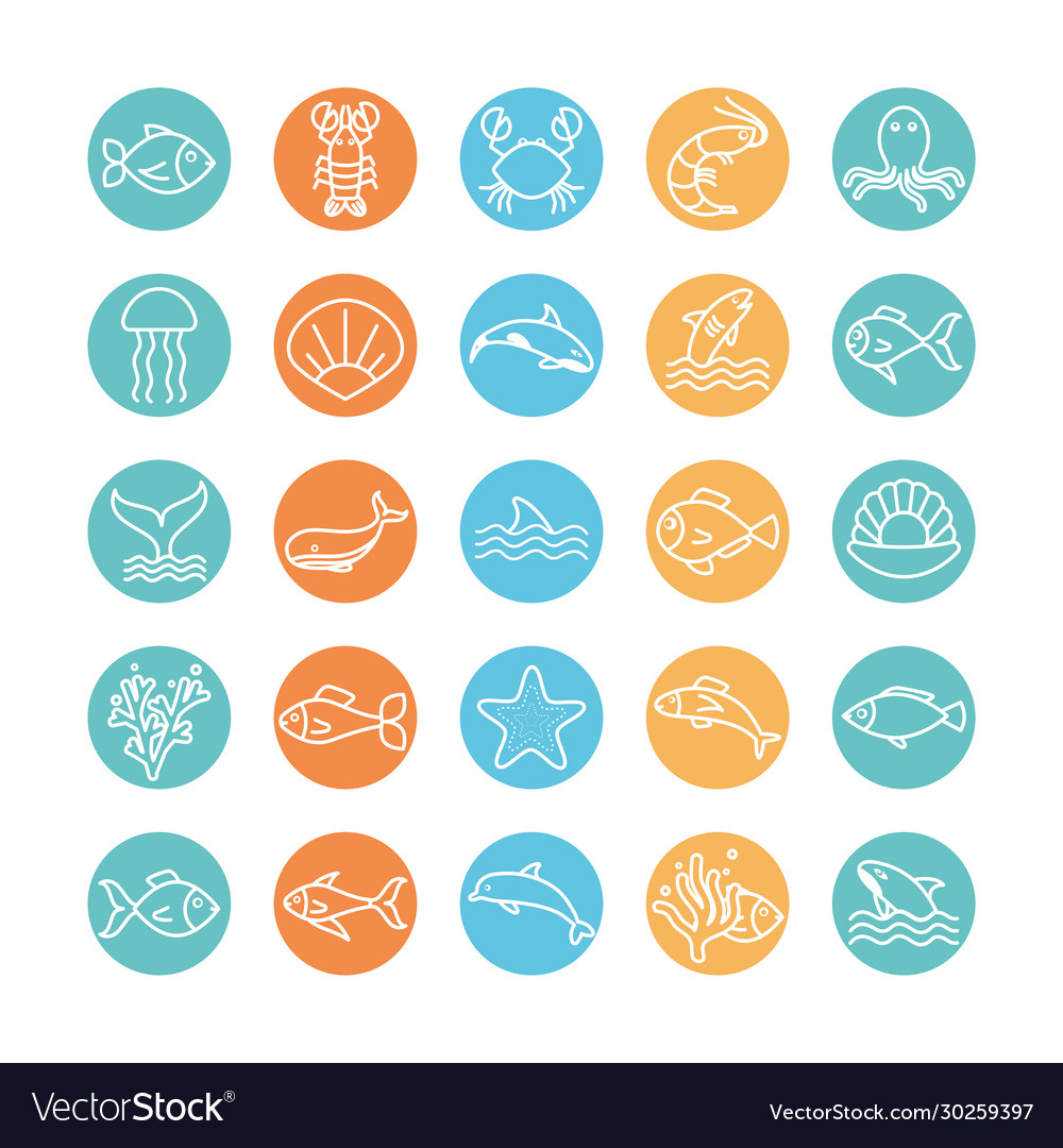 Isolated sea animals line block style icon set
