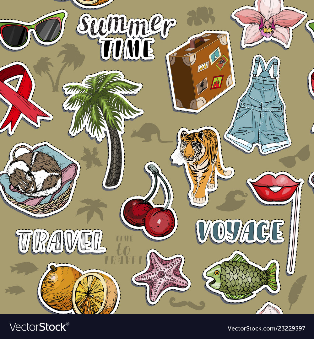 Seamless pattern with sticker set summer travel