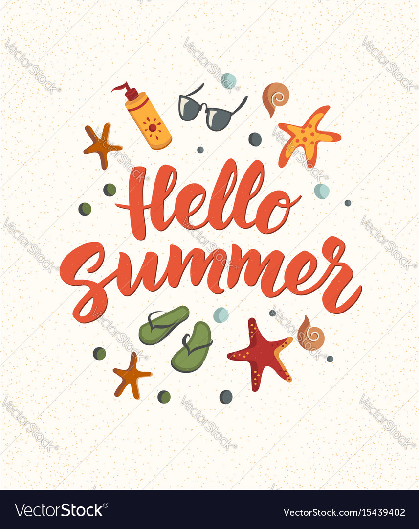 Hello summer text with beach elements sunscreen Vector Image