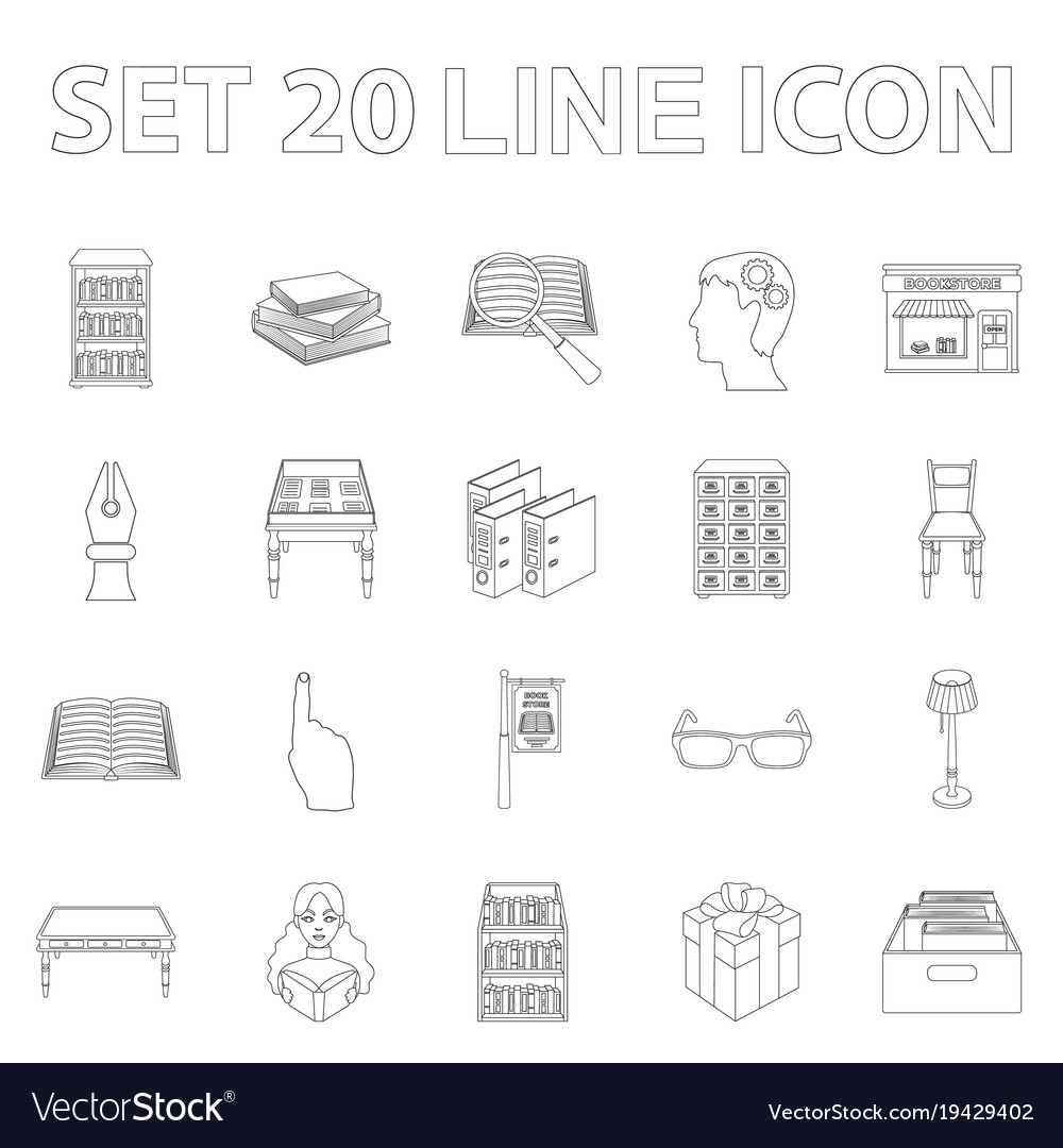 Library and bookstore outline icons in set