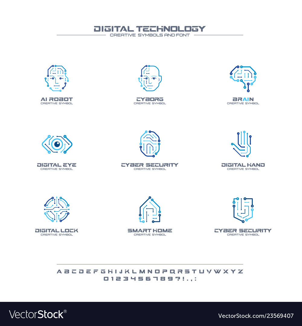 Digital technology creative symbols set font vector image Digital technology creative symbols set font
