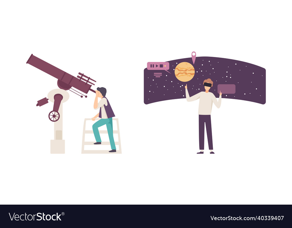 Man character visiting planetarium learning about Vector Image Man character visiting planetarium learning about