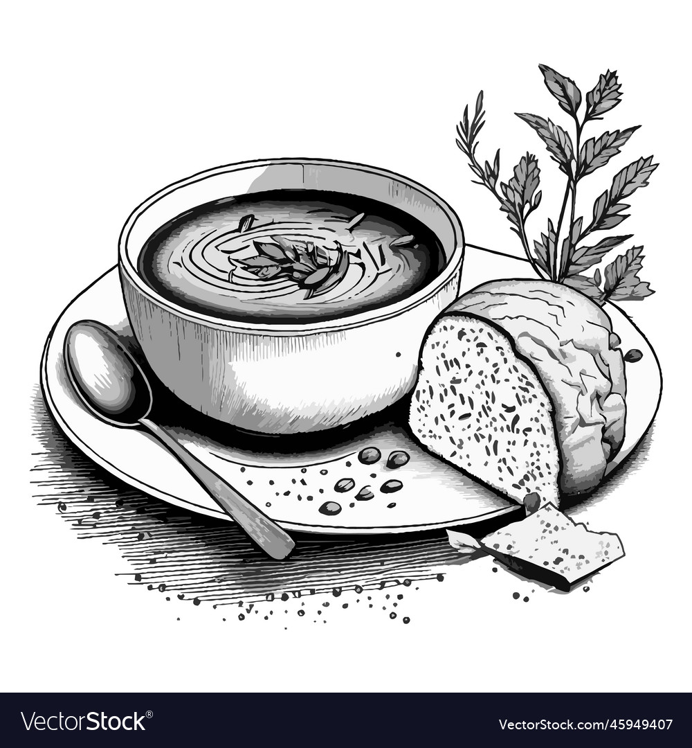 Spicy cream soup bowl with bread sketch Royalty Free Vector