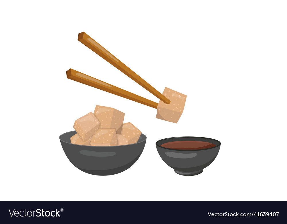 Tofu in bowl with chopsticks and soya sauce vegan Vector Image Tofu in bowl with chopsticks and soya sauce vegan