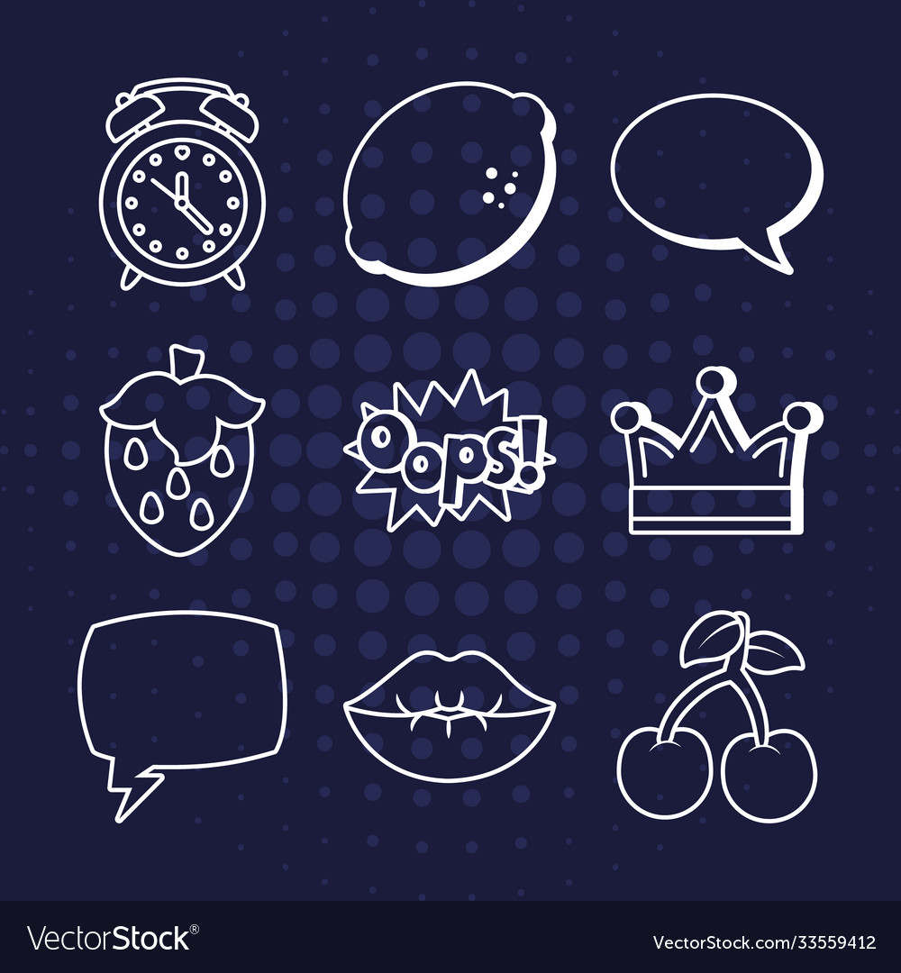 Alarm clock and pop art elements icon set line