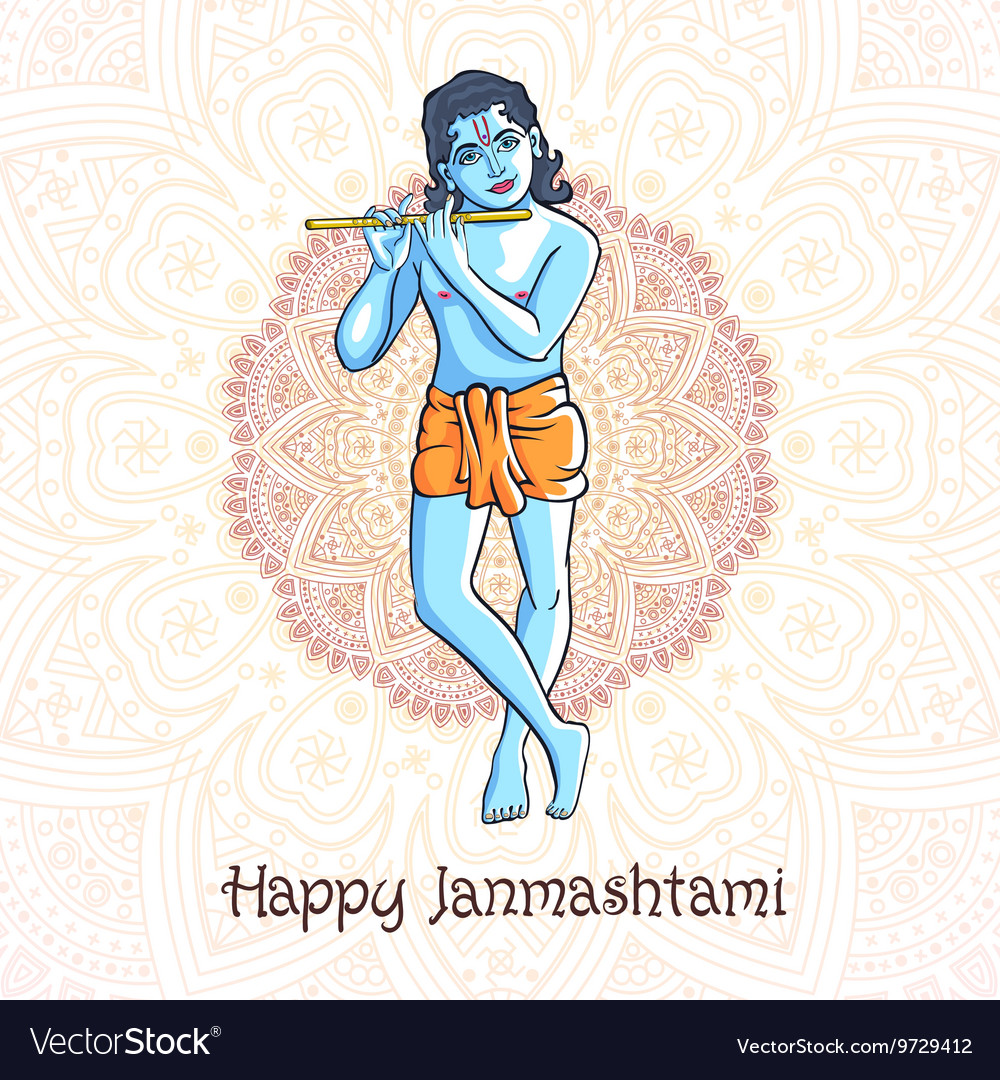 Cartoon krishna with a flute greeting card Vector Image Cartoon krishna with a flute greeting card Vector Image