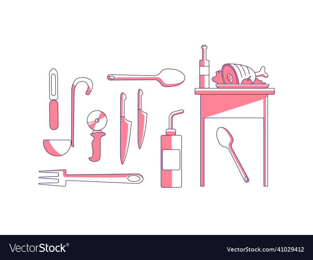Culinary items red linear objects set meat dish vector image Culinary items red linear objects set meat dish