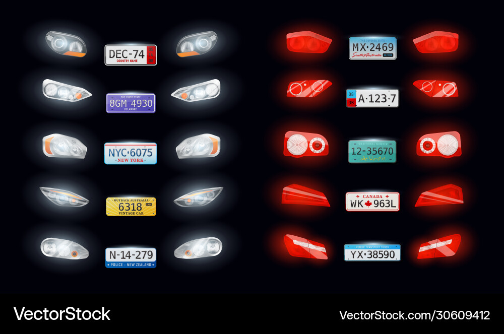 Headlights taillights number plate set Royalty Free Vector