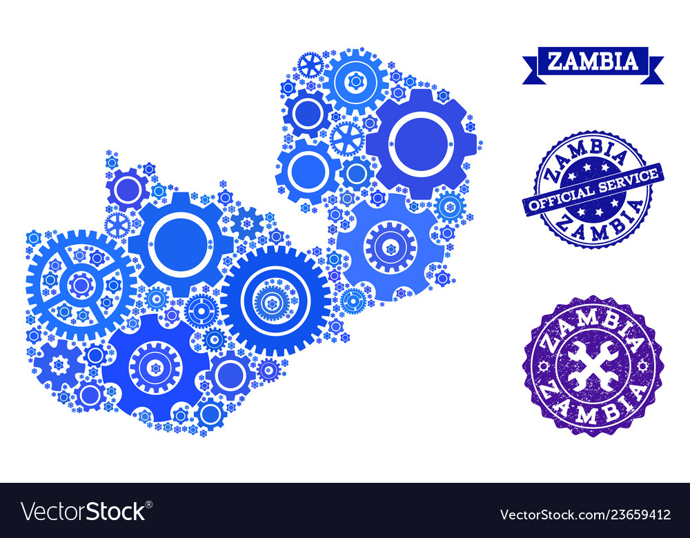 Mosaic map of zambia with gear wheels and rubber