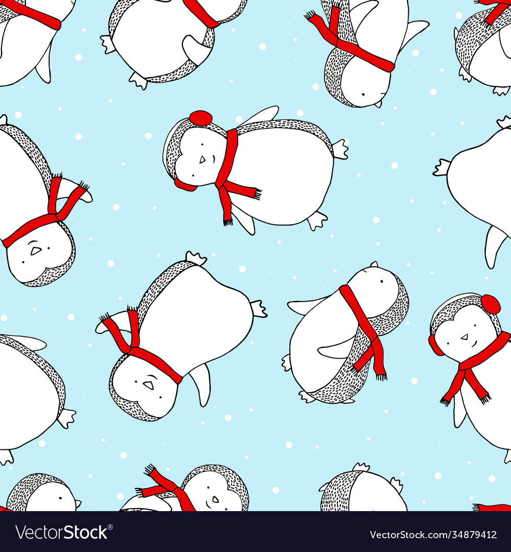 Seamless festive print with penguins and snow Vector Image Seamless festive print with penguins and snow
