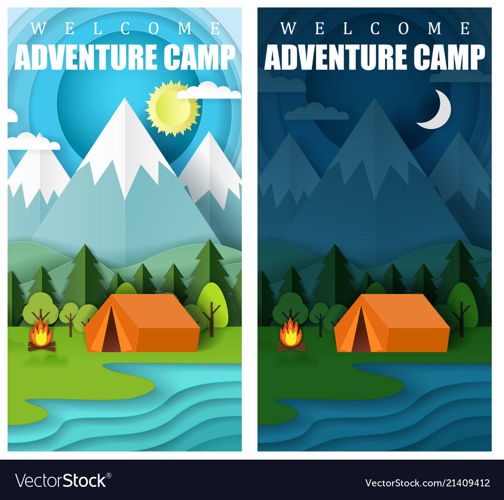 Summer Camping Paper Cut Banner Set Royalty Free Vector