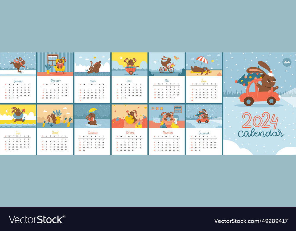 Calendar 2024 a4 size template with little bunny