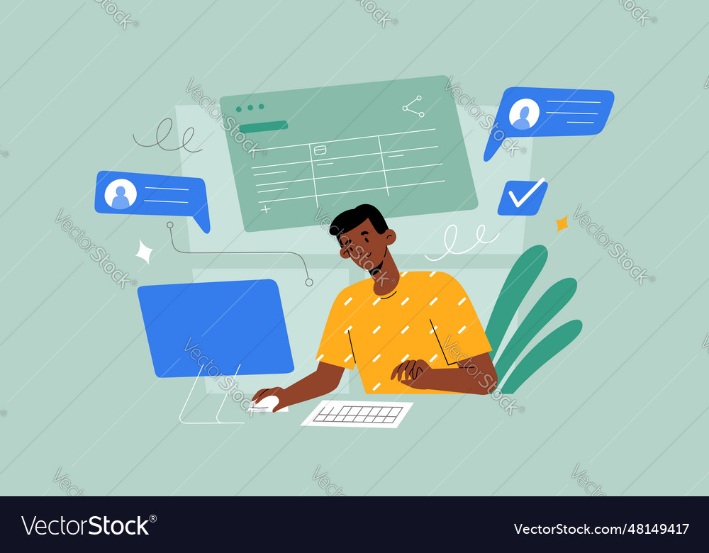 Project manager using desktop working on vector image Project manager using desktop working on