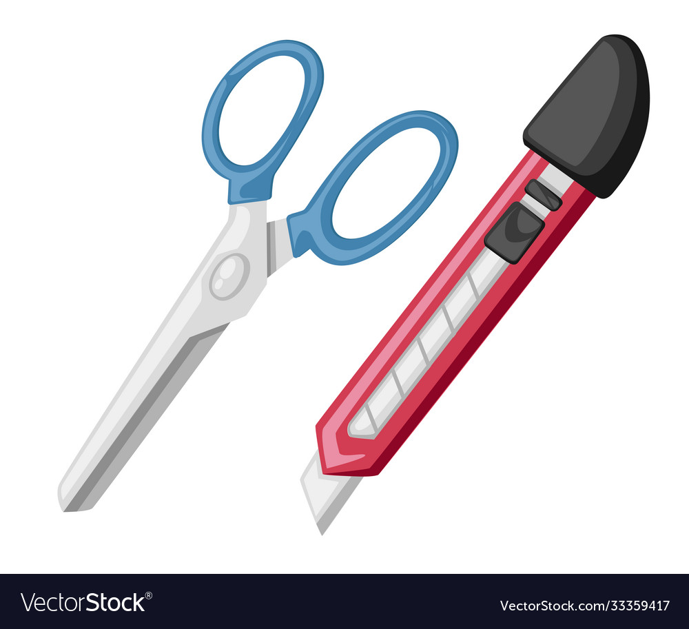 Red stationery knife and blue scissors flat style