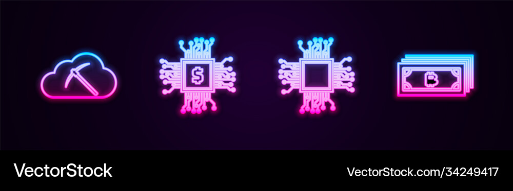 Set line cryptocurrency cloud mining processor Vector Image