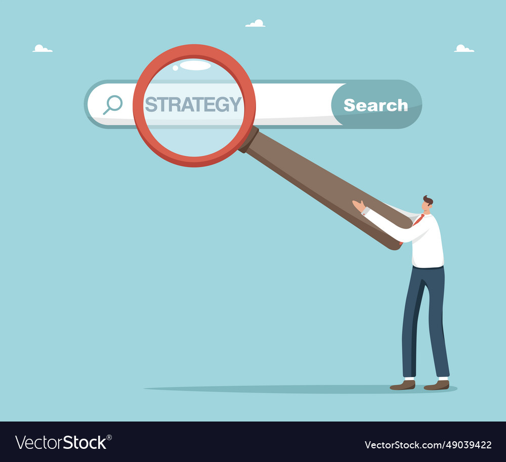 Man points with magnifier at search bar