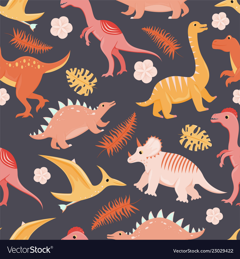 Seamless pattern with flat cartoon dinosaurs