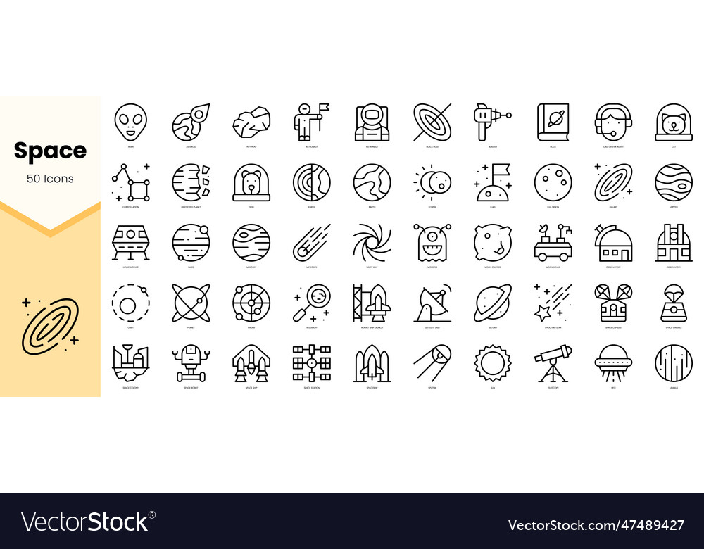 Set of space icons simple line art style vector image Set of space icons simple line art style