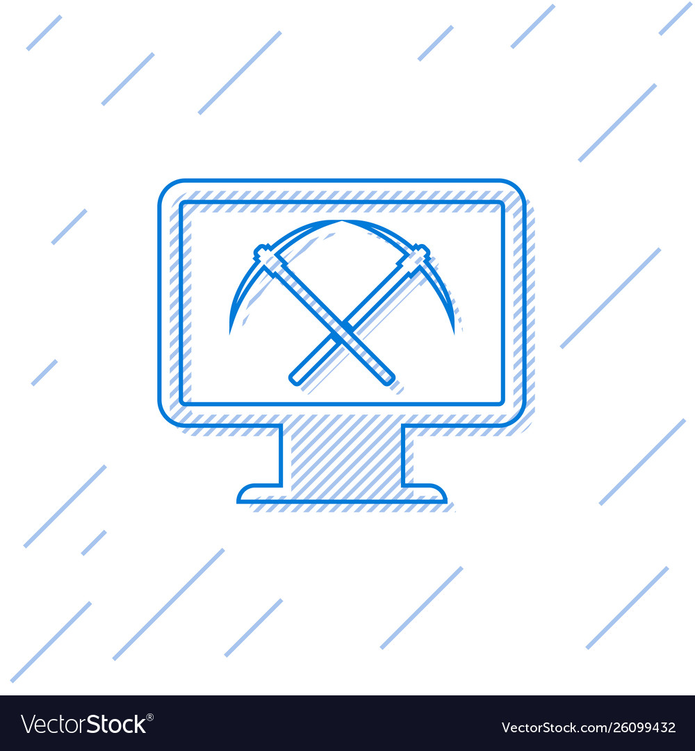 Blue mining concept with monitor and pickaxe line vector image Blue mining concept with monitor and pickaxe line