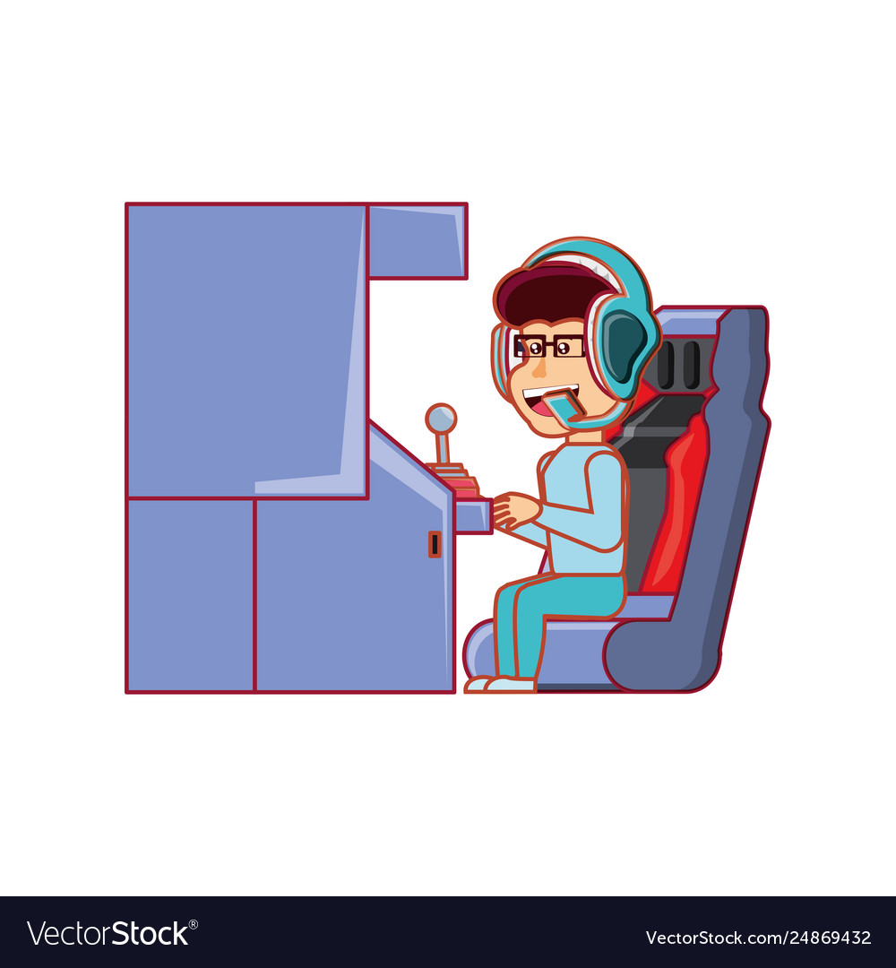 Boy playing in retro console video game machine