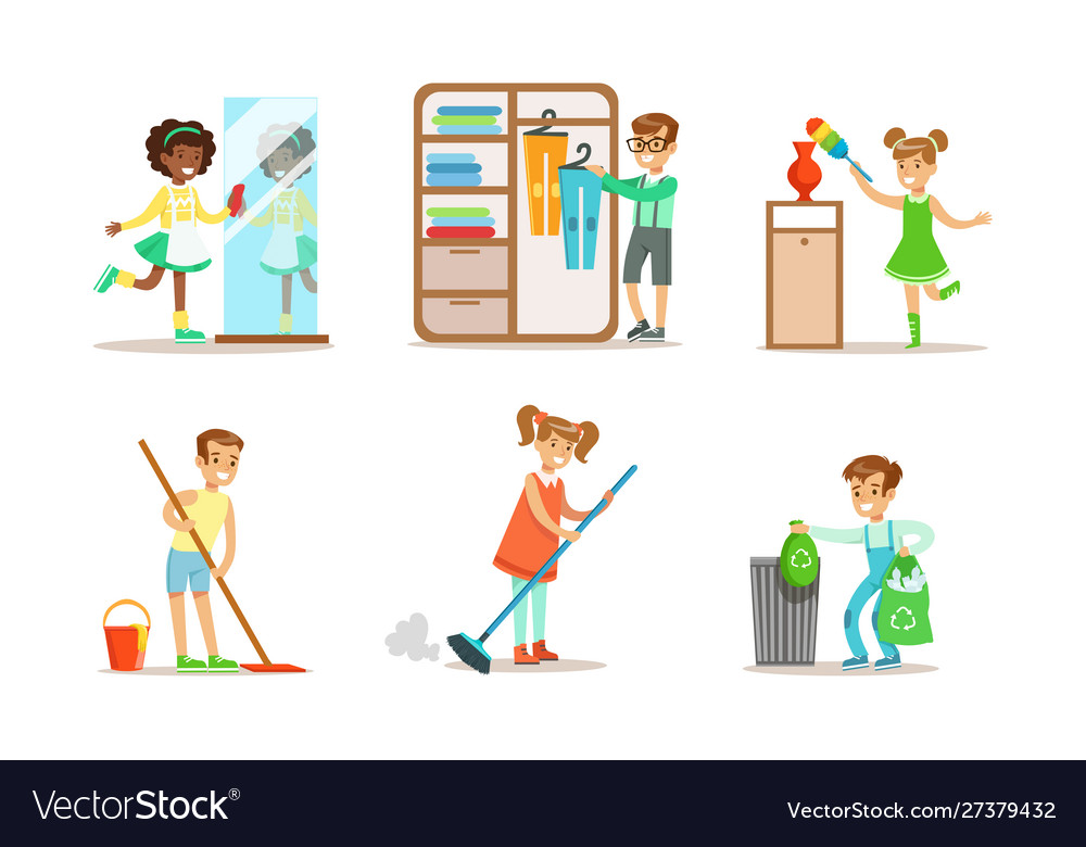 Cute children doing housework set boys and girls Vector Image