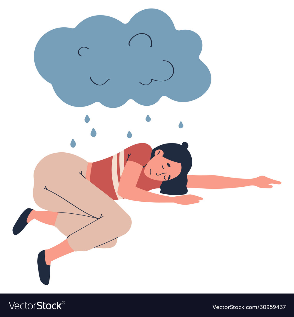 Cartoon sad unhappy girl who lying under rain