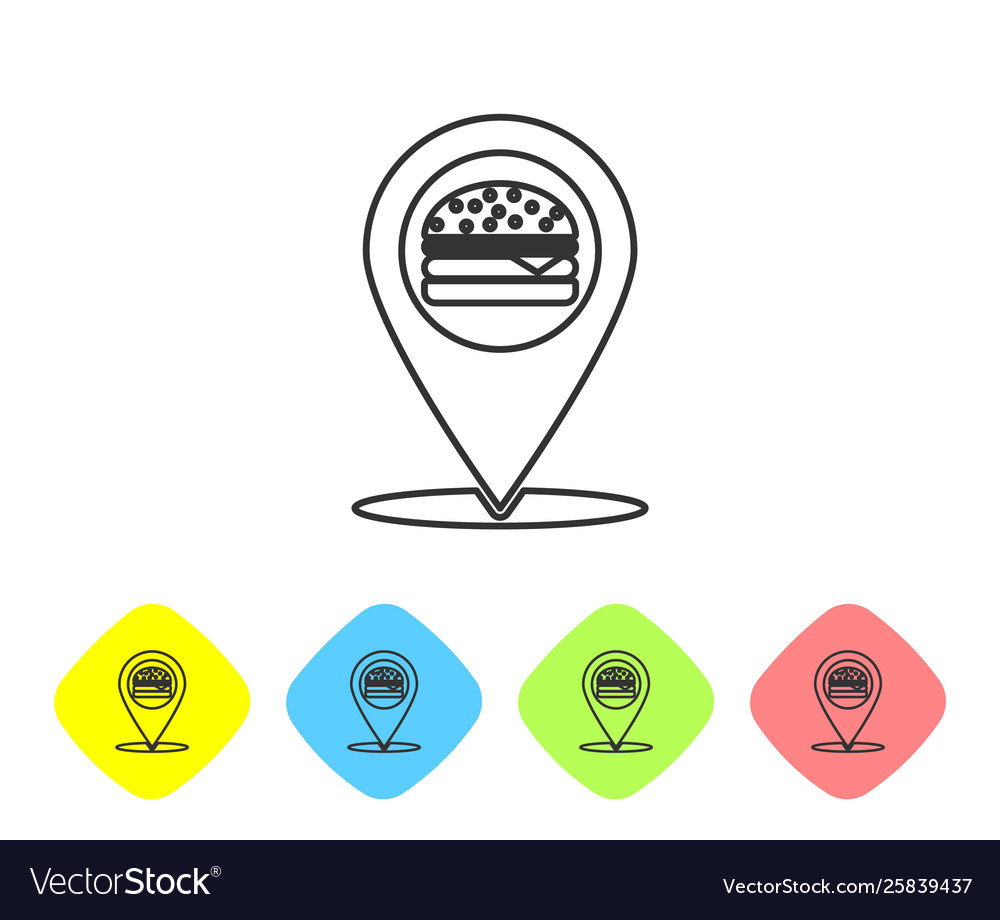 Grey map pointer with fast food burger line icon