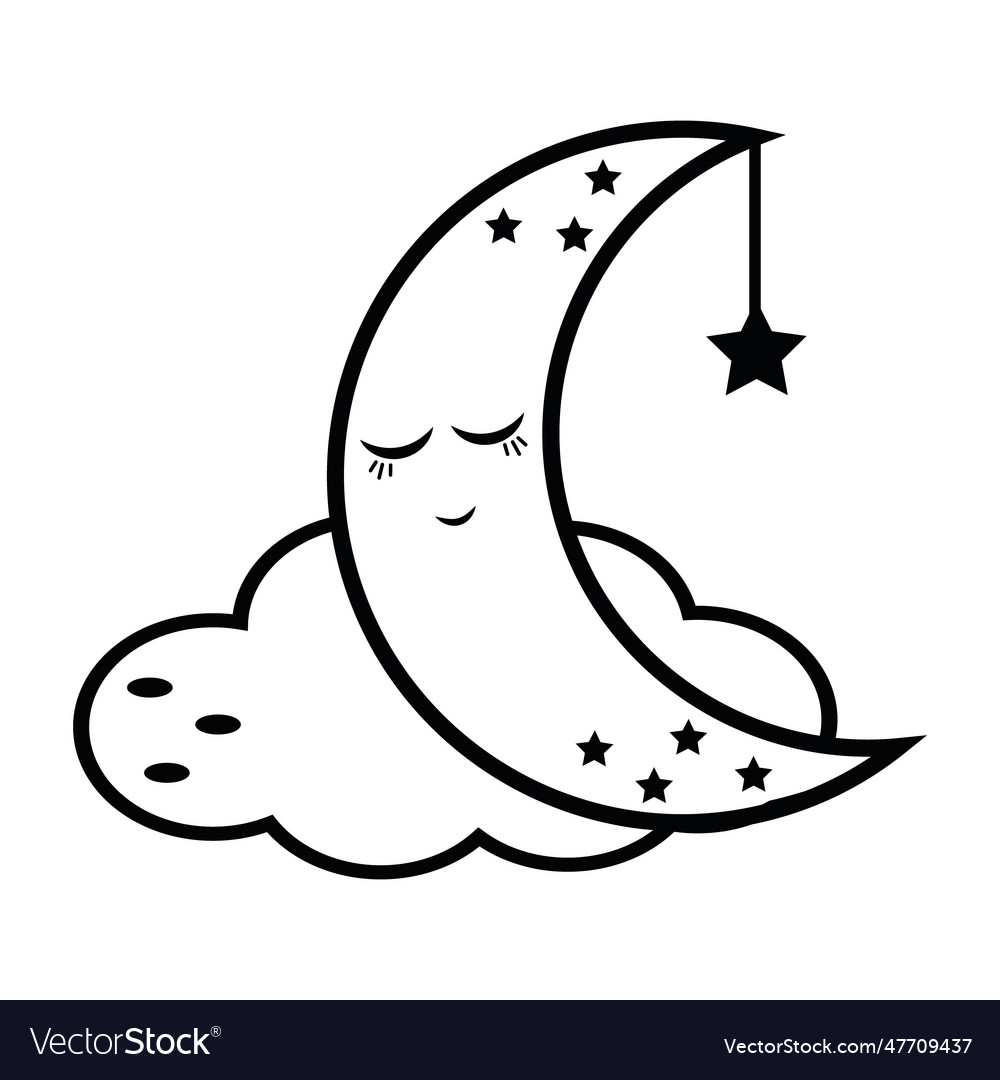 Moon character on a doodle-style kawaii cloud Vector Image