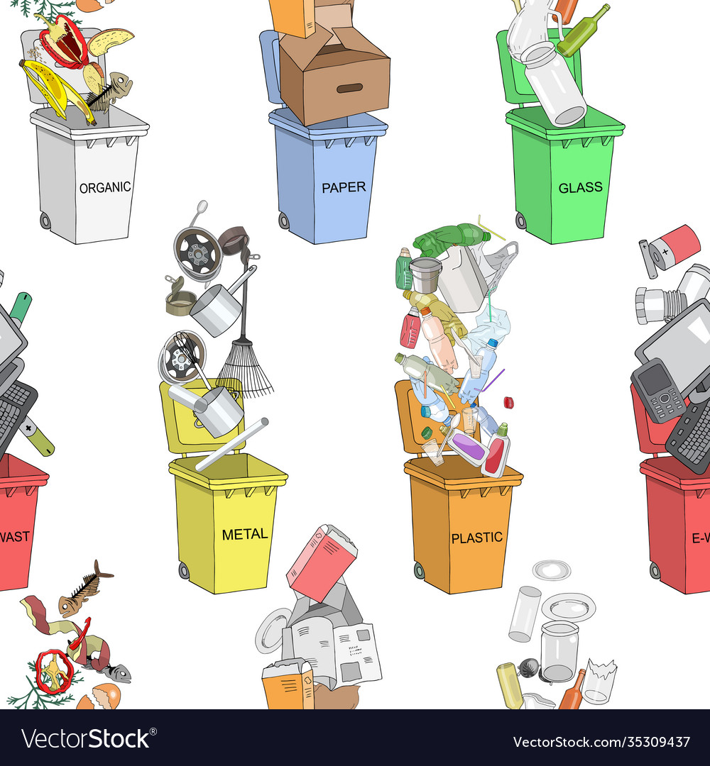 Seamless pattern trash cans with sorted garbage vector image Seamless pattern trash cans with sorted garbage