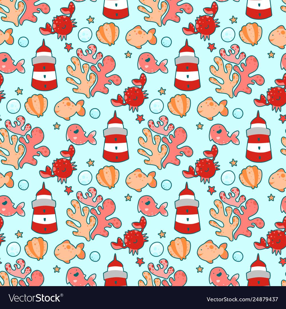 Seamless pattern with sea characters and plants vector image Seamless pattern with sea characters and plants