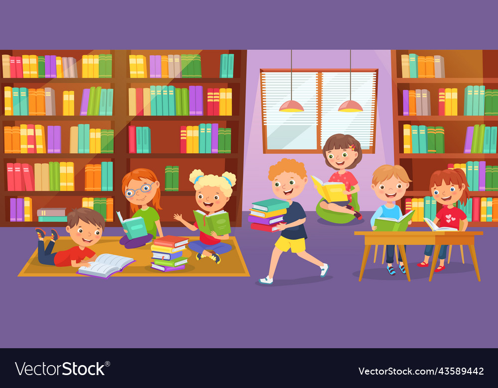 Kids Library Children Study Together Reading Vector Image kids-library-children-study-together-reading-vector-image