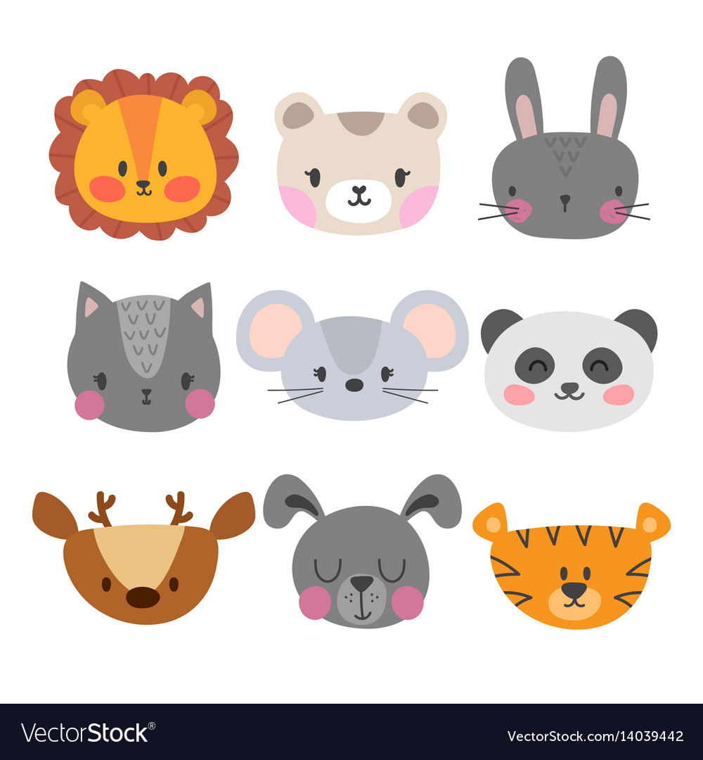 Set of cute hand drawn smiling animals cat lion Vector Image