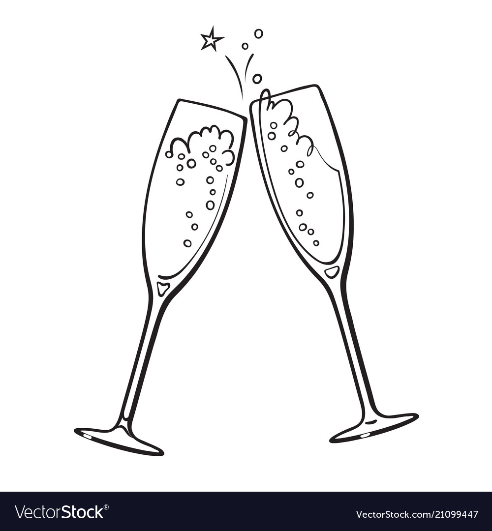 Black and white sketch of two glasses of champagne