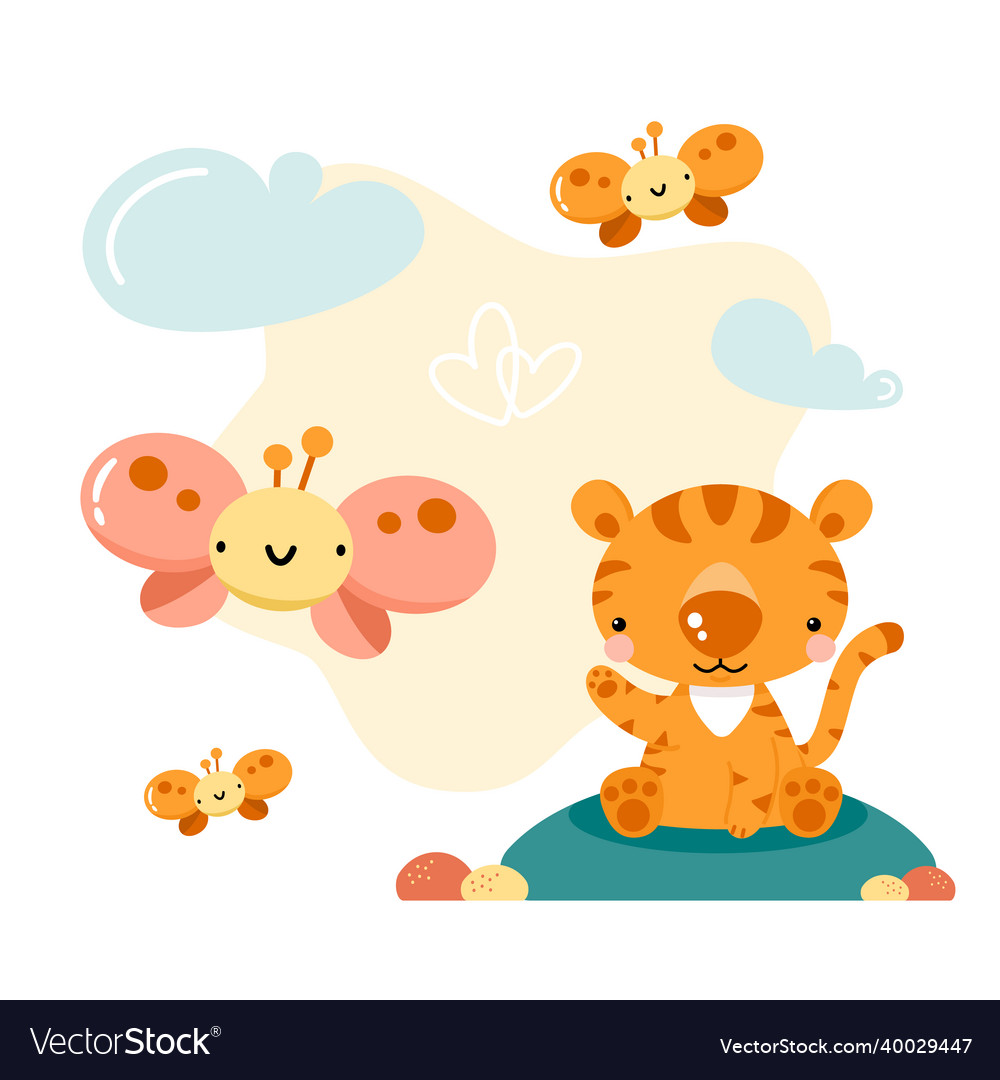 Cute cartoon tiger and butterflies