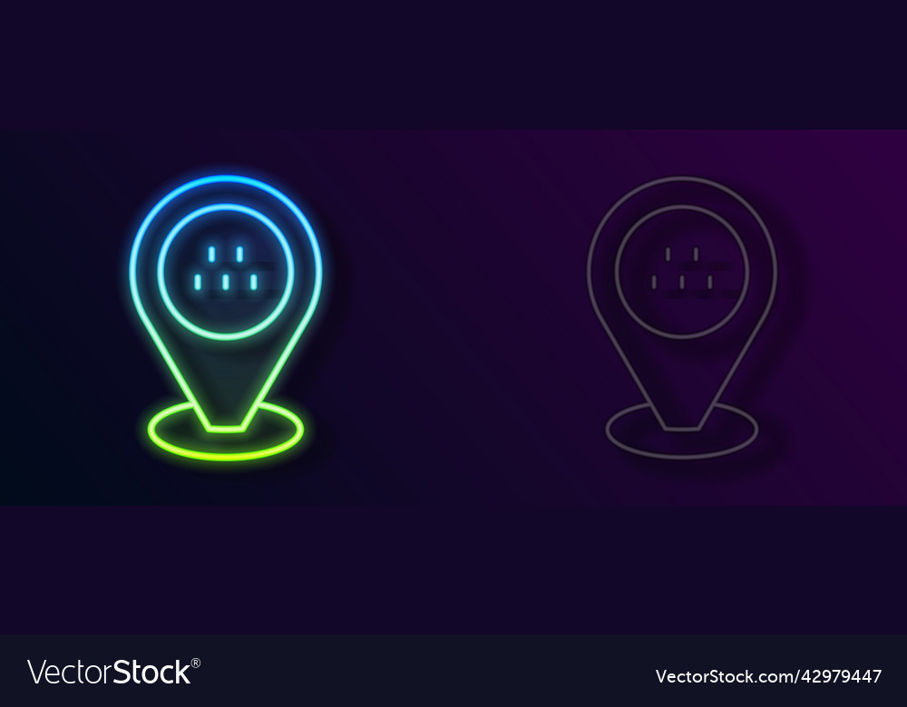 Glowing neon line map pointer with taxi car icon