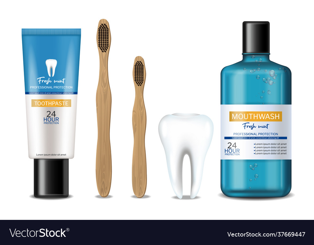 Mouthwash and dental bamboo brush realistic