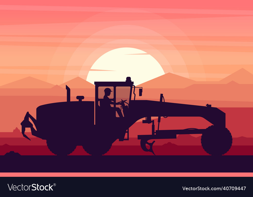Operator working with heavy motor grader vector image Operator working with heavy motor grader
