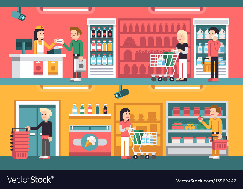 Shopping people and counter in super market Vector Image