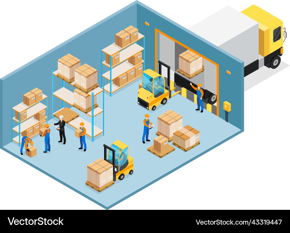 Warehouse inside isometric composition Royalty Free Vector