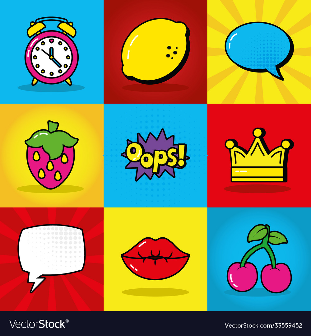 Alarm clock and pop art elements icon set line