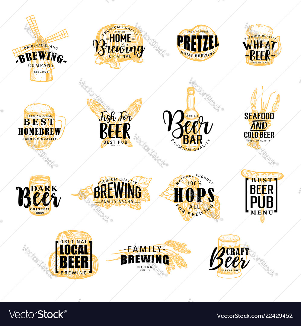 Brewery and beer icons lettering vector image Brewery and beer icons lettering