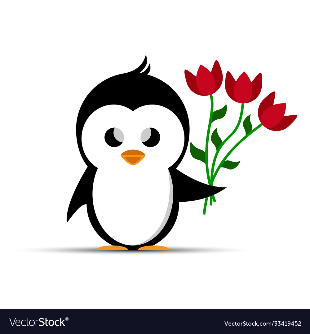 Penguin holding a bouquet red flowers